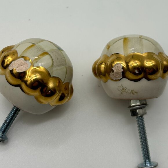 MacKenzie Childs Ceramic Parchment Courtly Check drawer/door pull/knobs 1.5” - Picture 6 of 8